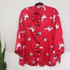 Vintage Red Stork Print Kimono Shirt Top
